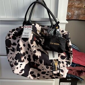 Steve Madden Pink & Black Cow Print Tote with Gold Accents